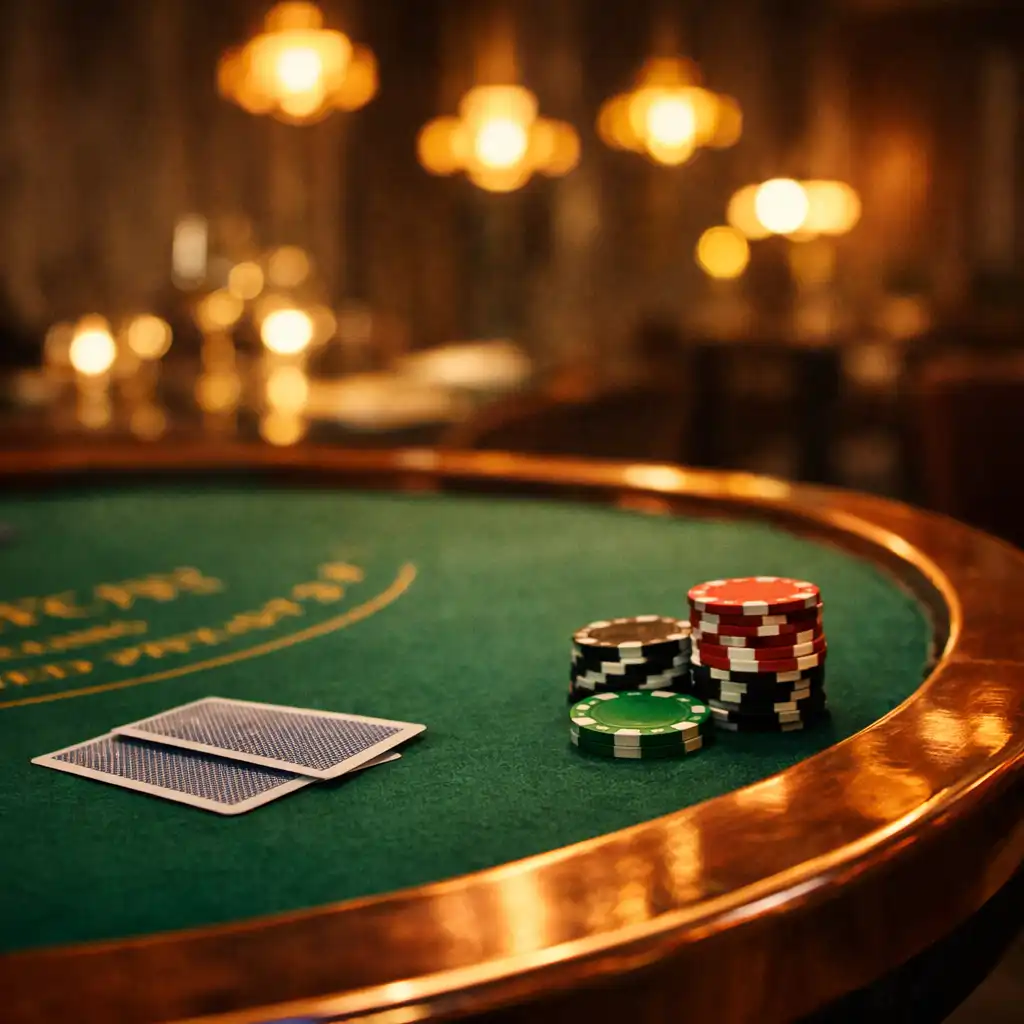 Stół do blackjacka z zielonym suknem, kartami i żetonami widziany z góry