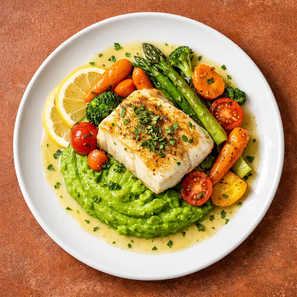 Pieczony filet z dorsza na puree z groszku z warzywami i sosem cytrynowym