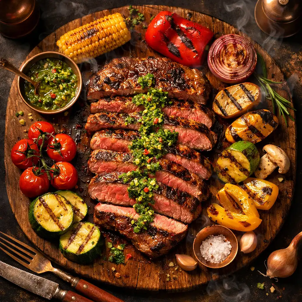 Soczysty stek wołowy z grilla z grillowanymi warzywami i sosem chimichurri