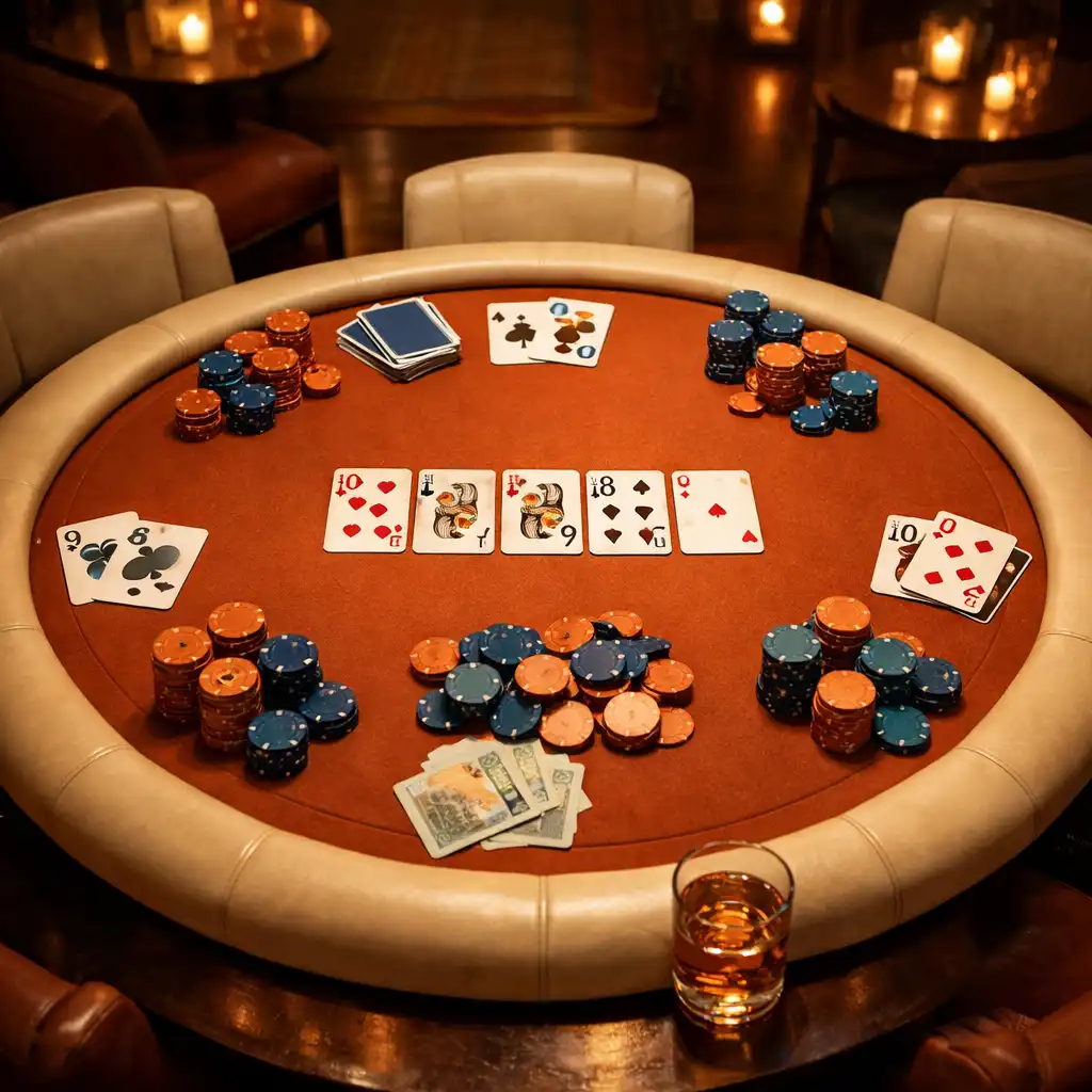Okrągły stół pokerowy w eleganckiej restauracji z kartami i żetonami