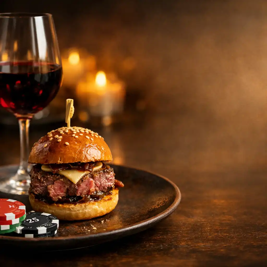 Mini burger z polędwicy wołowej z kieliszkiem czerwonego wina i żetonami pokerowymi