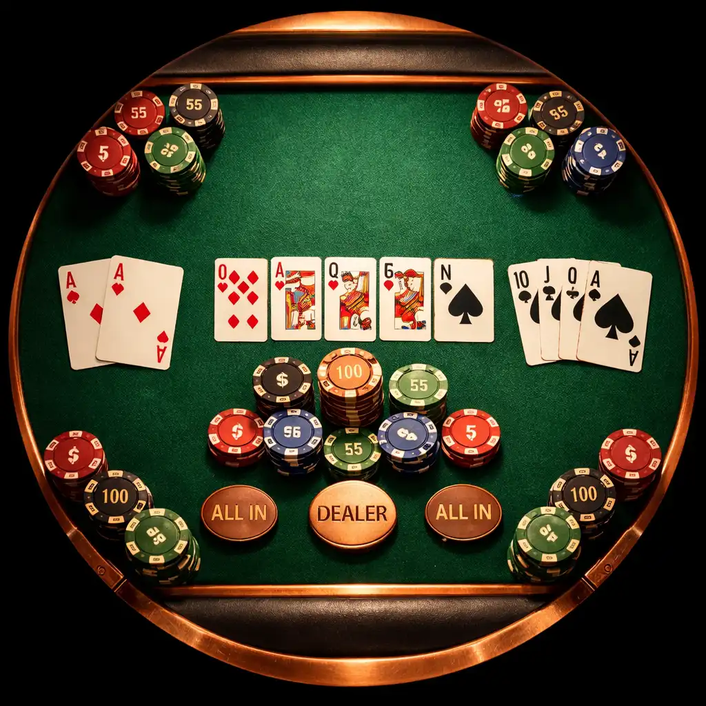 Stół pokerowy z zielonym suknem, kartami i żetonami widziany z góry