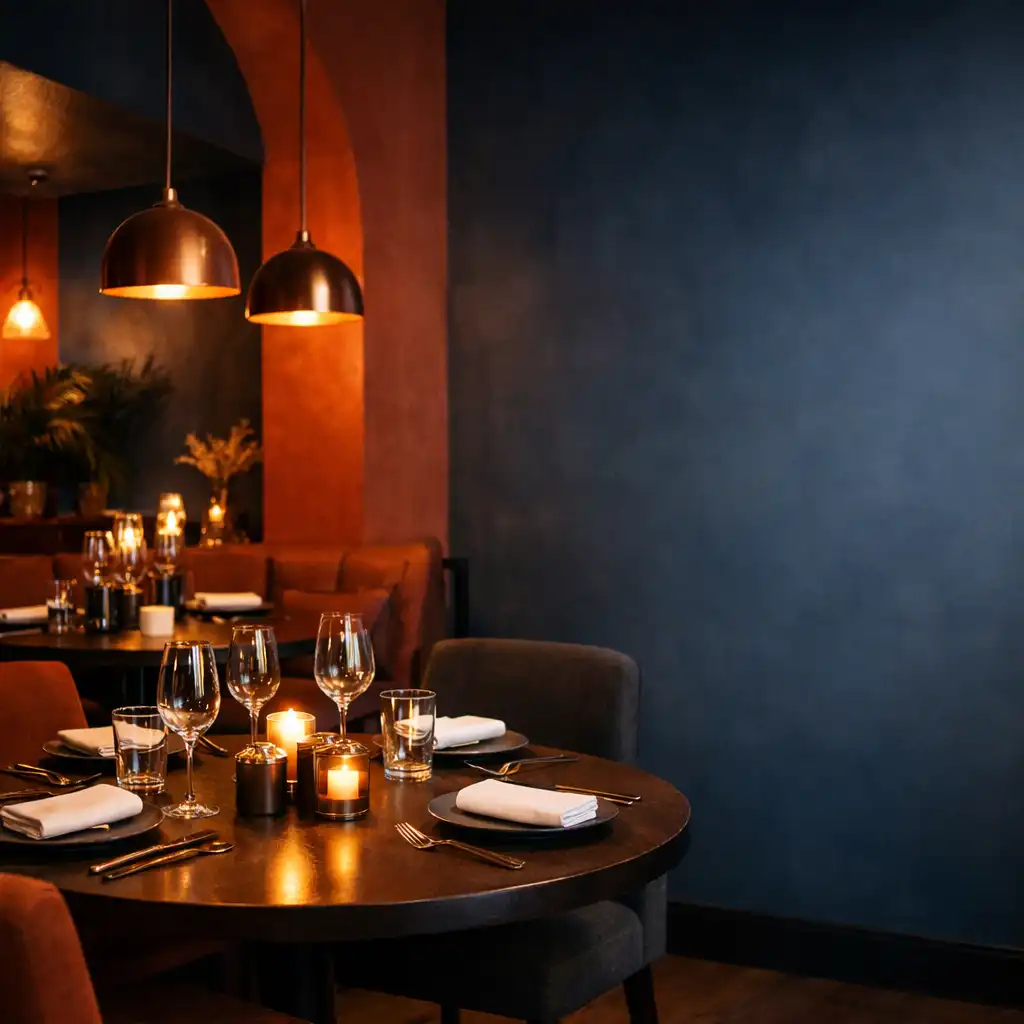 Wnętrze restauracji The Table Place z okrągłym stołem, ciepłym oświetleniem i miedzianymi lampami