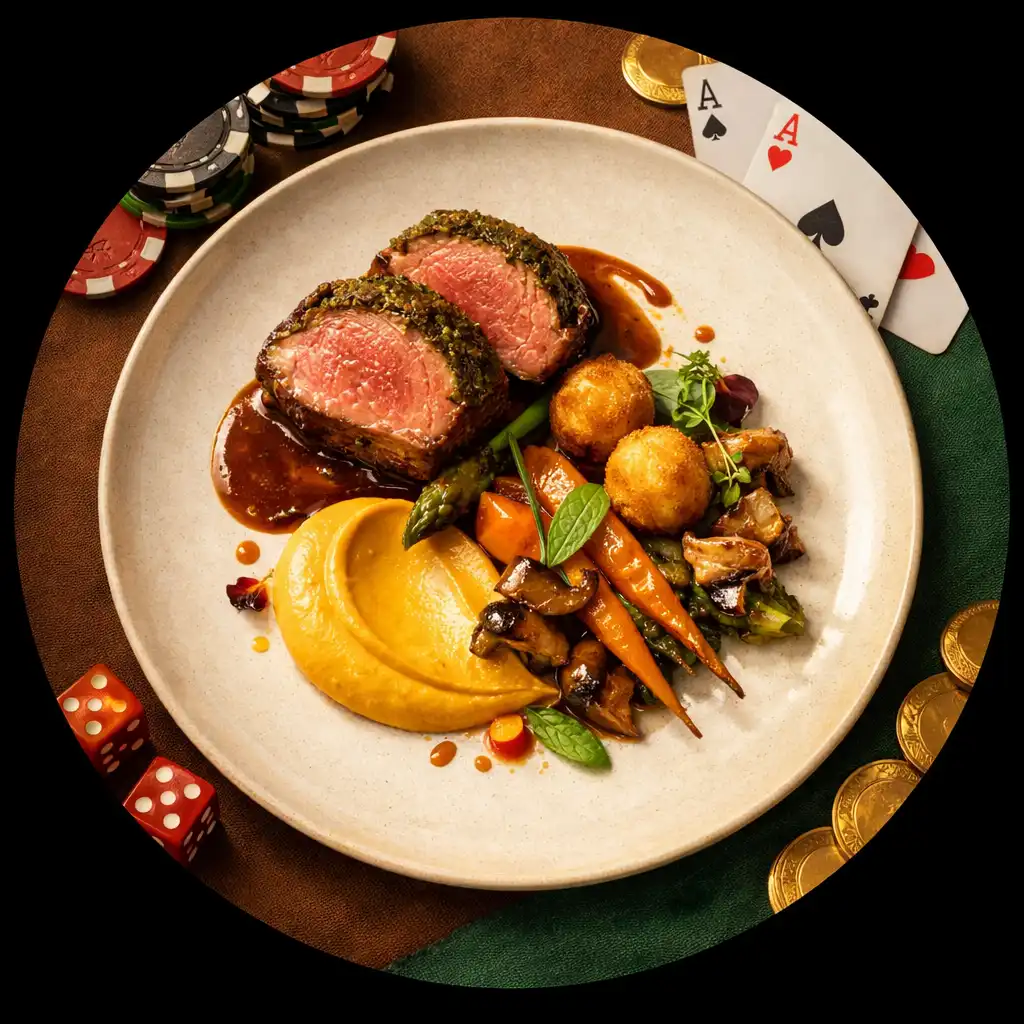Wyrafinowane danie restauracyjne na okrągłym talerzu, ujęcie z góry, z subtelnymi elementami kasyna w tle